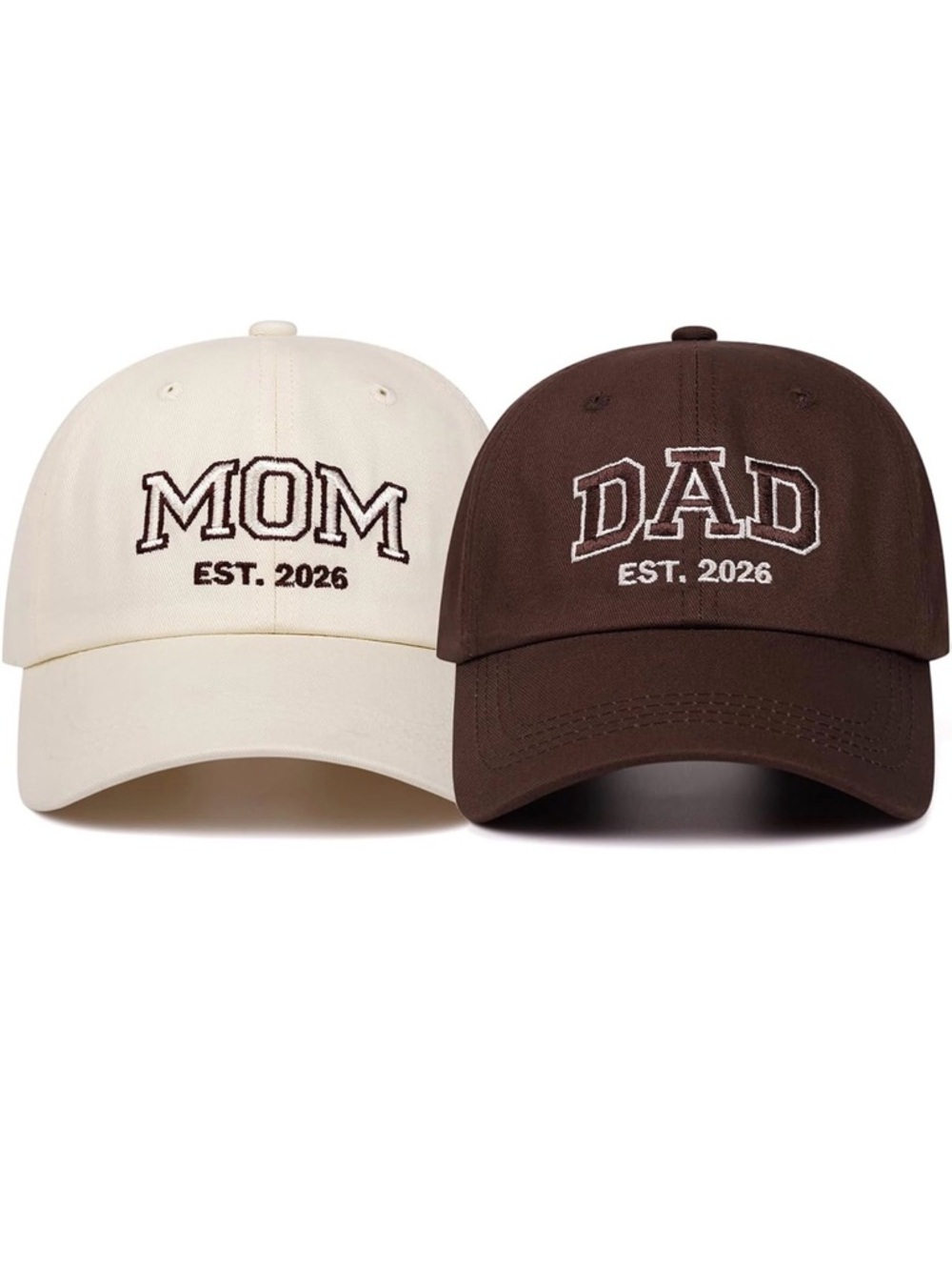 MOM & DAD 'EST. 2026' Baseball Caps - Cream & Brown SET NWT